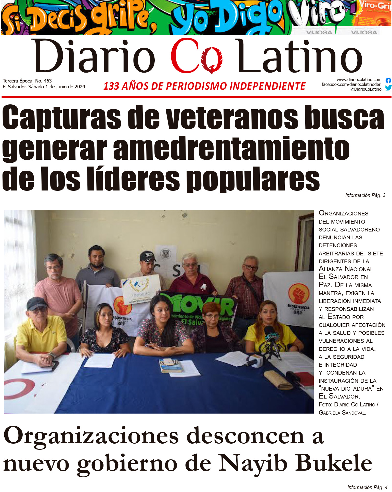 Capturas de veteranos busca generar amedrentamiento de los líderes populares